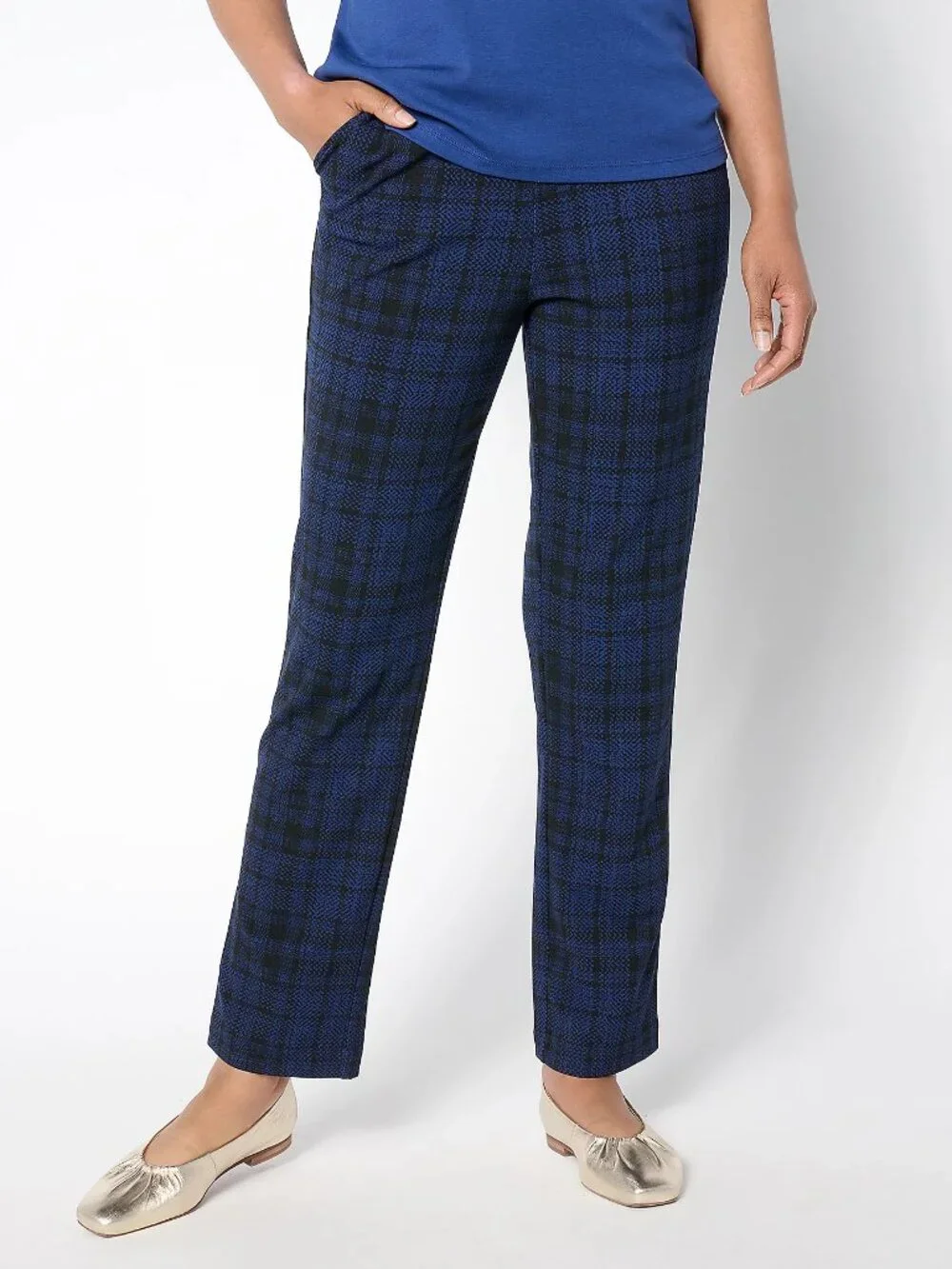 Isaac Mizrahi Regular Printed Scuba Crepe Slim Straight Pants, Navy Sz 4X a65547